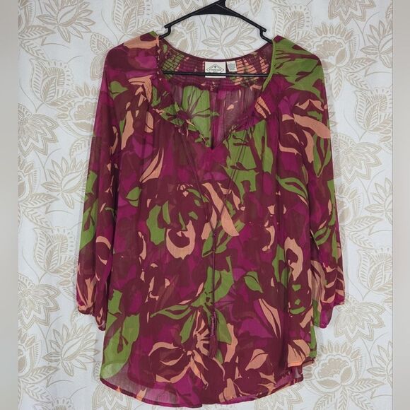 St. John's Bay Tops - St Johns Bay Womens Floral Semi Sheer Peasant Tunic top Shirt Sz L EUC Boho Fall
